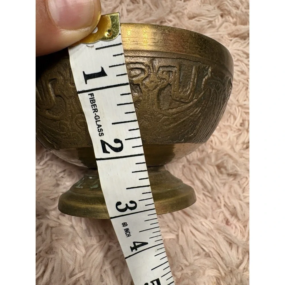 Antique Brass Pedestal Bowl Engraved Pattern Made in Korea 5 in Diameter Tested